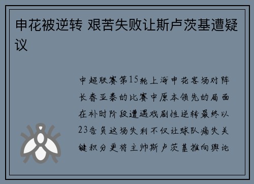 申花被逆转 艰苦失败让斯卢茨基遭疑议
